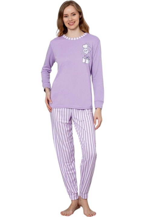 Pijama bumbac interlock, StarFashion, bluza cu maneca lunga si pantaloni lungi, Lila