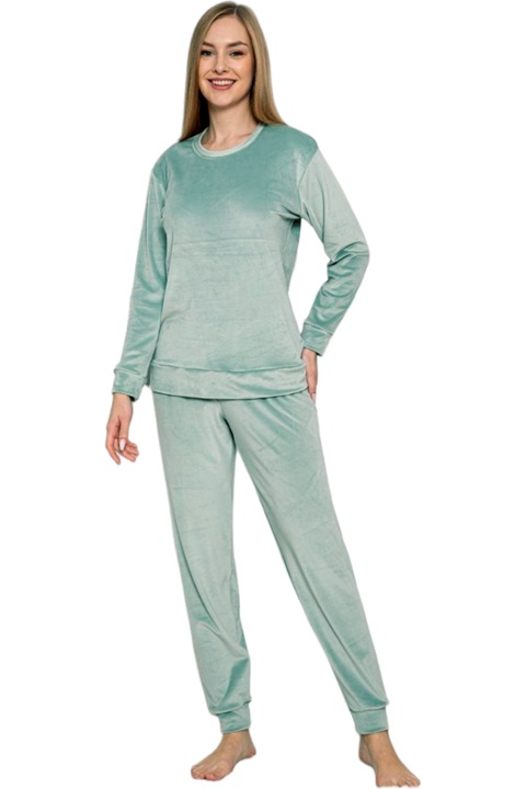 Pijama dama catifea, StarFashion, bluza cu maneca lunga si pantaloni lungi, vernil, Vernil