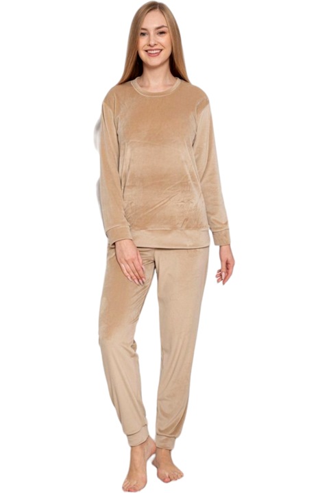 Pijama dama catifea, StarFashion, bluza cu maneca lunga si pantaloni lungi, crem, Crem