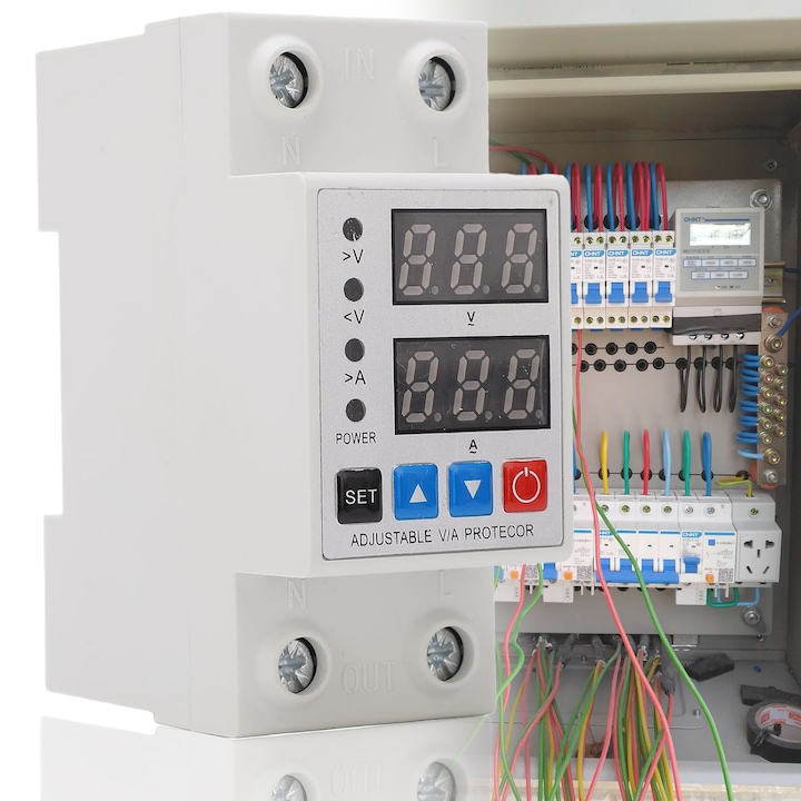 Releu monofazic si contor de energie, Excitat®, Reglabil, Protectie supratensiune si suprasarcina, Masurare si Control, 81 x 66 x 36mm, Alb