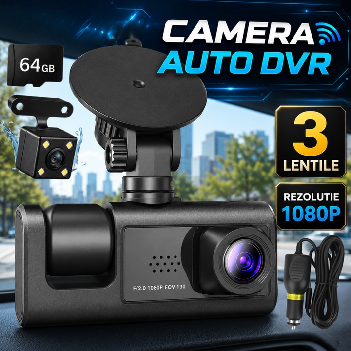Camera Auto DVR, Excitat®, Camera Auto de Bord DVR, 3 lentile, rezolutie 1080p, Afisaj PS de 2 inchi, 64GB, Inregistrare in bucla, Vedere nocturna, Camp vizual ultra-larg de 170°, Senzor G, Detectare miscare, Negru