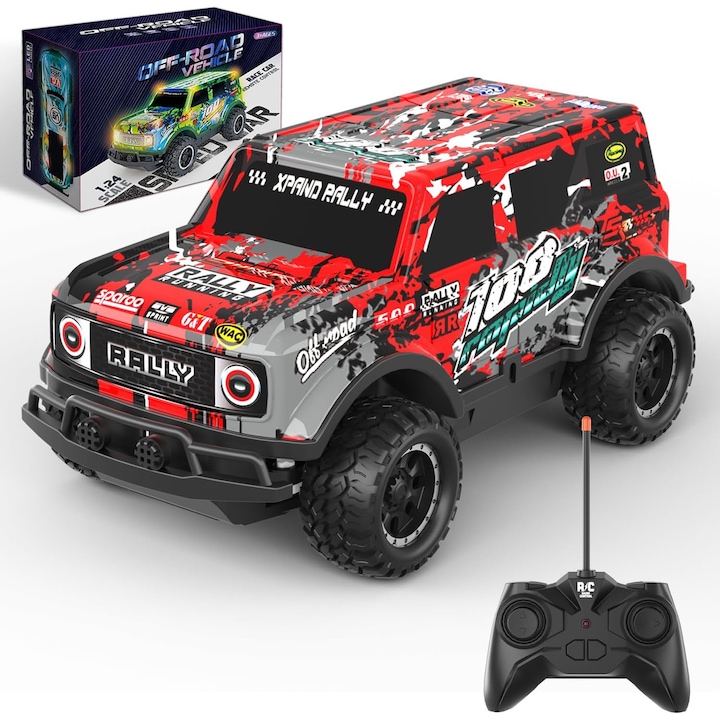 Masinuta cu telecomanda, Masina cu telecomanda cu lumina LED, Off-Road, Controlate prin radio, 27MHz, Raport 1:24, Rapida, Viteza 10KM/H, 4 Roti, Rasucire, Timp de lucru 50 minute, Pentru copii de 3+ ani, Rosu