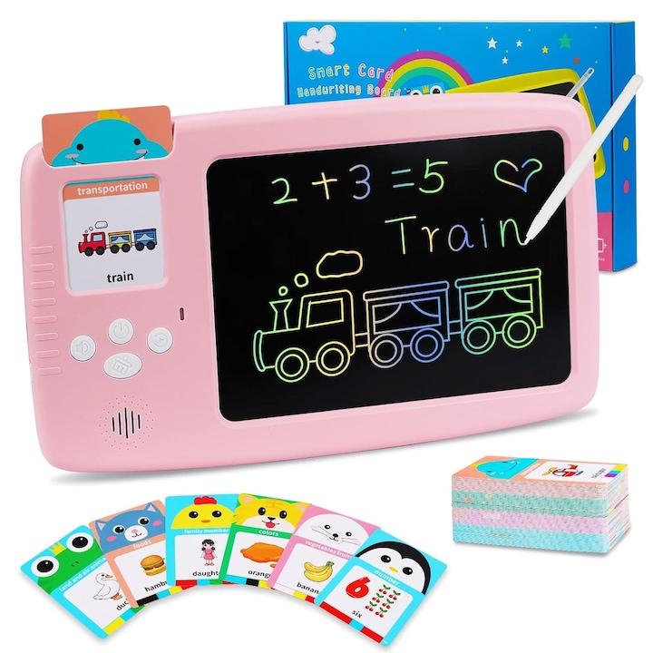 2 az 1-ben LCD tábla gyerekeknek, EXCITAT®, interaktív és oktató, írás és rajzolás, kártyák 224 angol szóval és hanggal való lejátszása, 3-8 éves gyerekeknek, rózsaszín