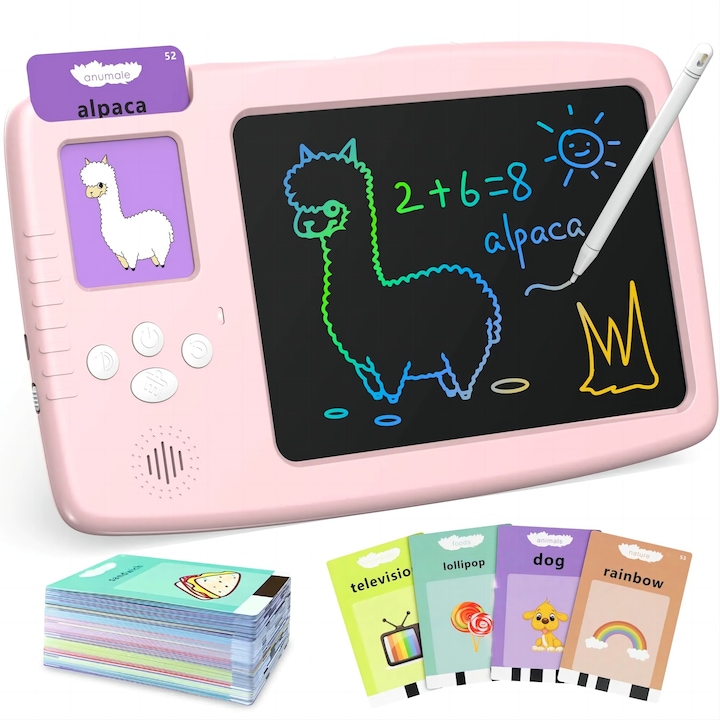 2 в 1 LCD таблет за деца, EXCITAT®, интерактивен и образователен, писане и рисуване, карти с 224 думи на английски и тяхното възпроизвеждане със звук, за деца 3-8 години, розов