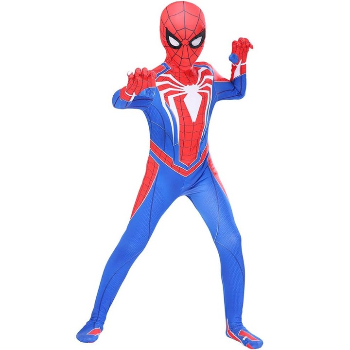 Costum Spider-man pentru Copii, O Noua Dimensiune a Elegantei Supereroice, Lycra, 4-5 ani, 120 cm, Alb/ Albastru