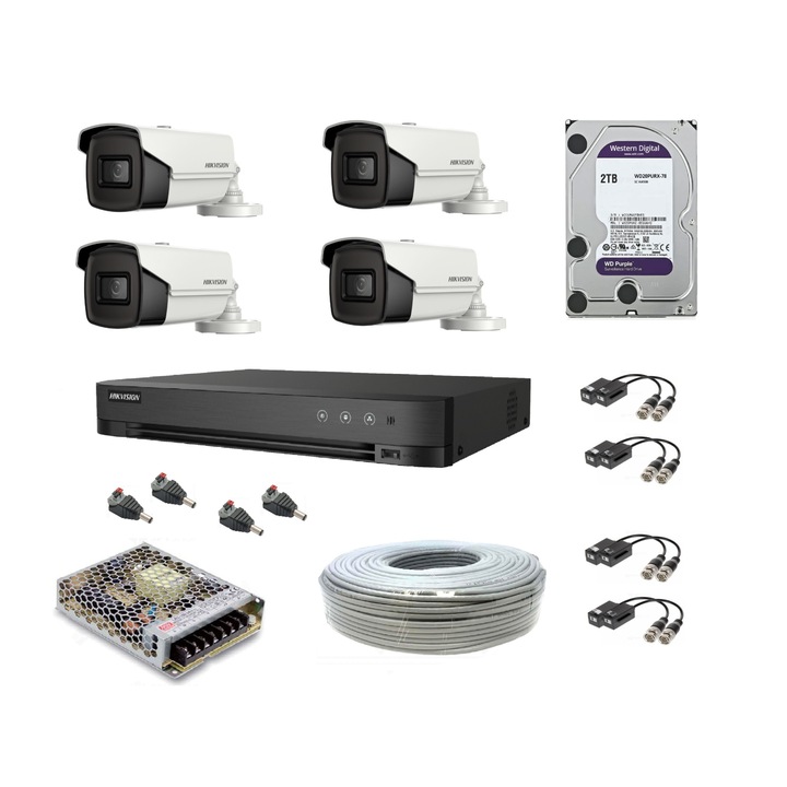 Kit supraveghere video 4K / 8MP Hikvision Turbo, 4 camere, HDD 2 Tb, sursa, video balun, cablu utp, vizualizare pe internet/telefon, recunoastere om si vehicul