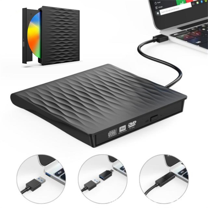 Unitate optica CD/DVD externa, BOMSTOM, USB 3.0/Type-c, Transfer de date de mare viteza, Plug and Play, Design subtire，anti-alunecare, Plastic, Negru