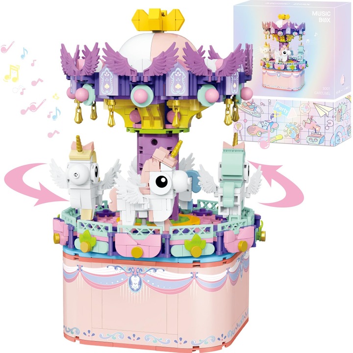 Jucarie de constructie tip cutie muzicala, 874 piese, 6 -12 ani, Roz