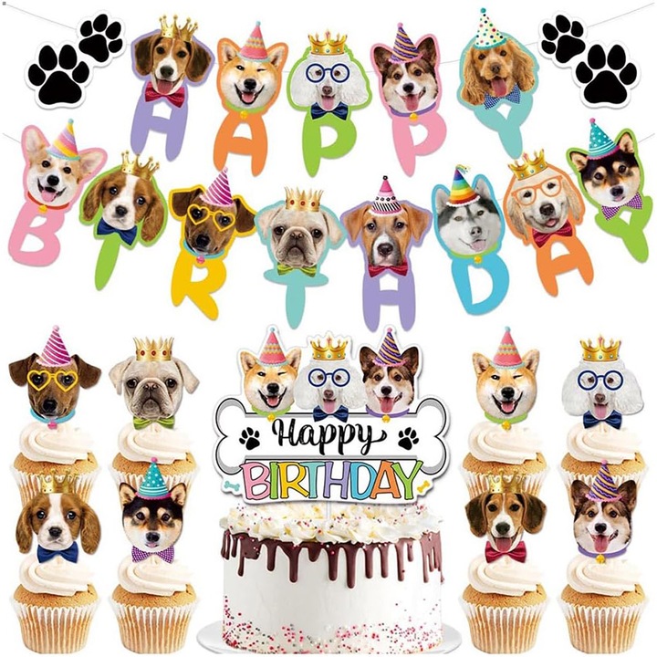 Комплект от 24 декорации за торта за рожден ден, Chucai, За кучета, Честит рожден ден