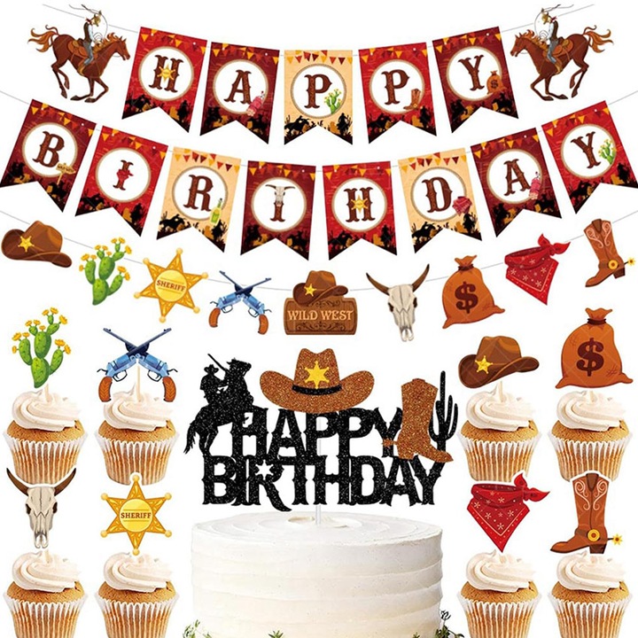 Комплект 33 декорации за торта, Chucai, модел Cowboy, Честит рожден ден, Многоцветен