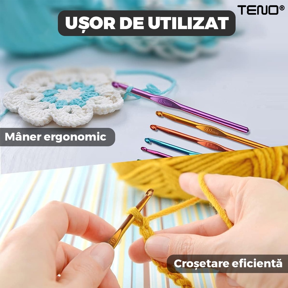 Професионален комплект за плетене на една кука Teno®, 100 части, 12 ...