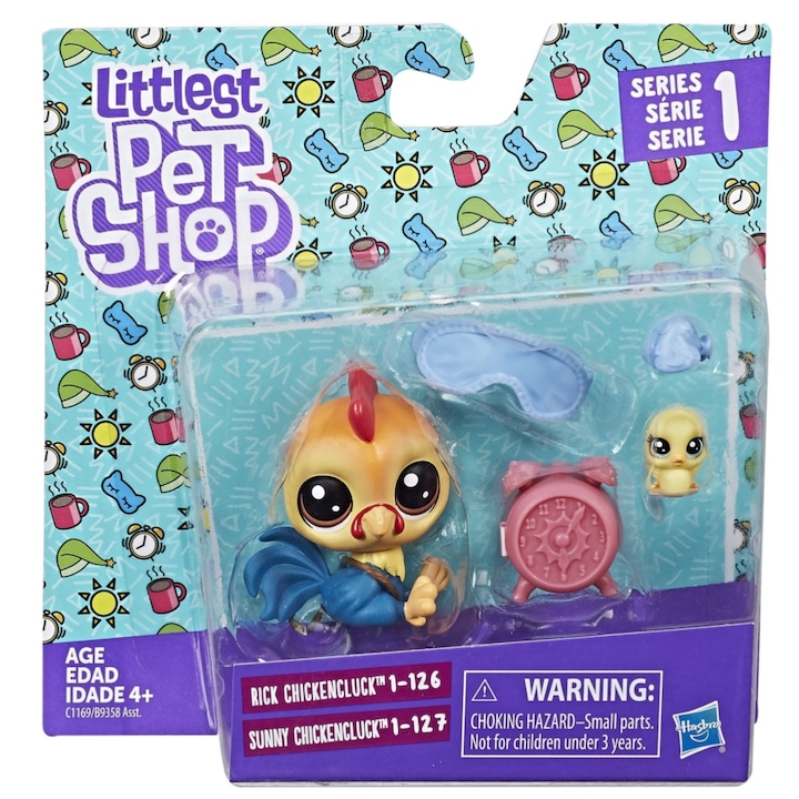 Set Figurine Littlest Pet Shop, Series 1, Hasbro, Cocos si Pui cu accesorii, 5 piese, multicolor