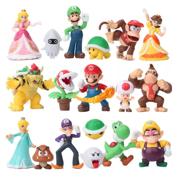 18 db Super Mario figurát tartalmazó készlet (Mario, Luigi, Princess Peach, Yoshi, Varangy stb.), 3-6 cm, Műanyag/PVC, Többszínű