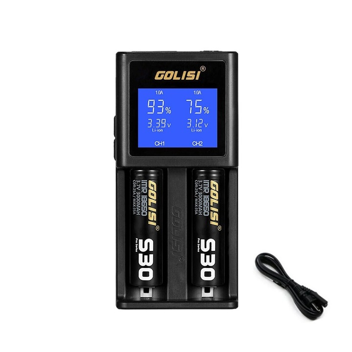 Incarcator Inteligent pentru 2 Acumulatori cu Ecran LCD – Incarcare Rapida si Afisare Voltaj/Amperaj, Compatibil cu 18350, 18650, AA, AAA, Negru