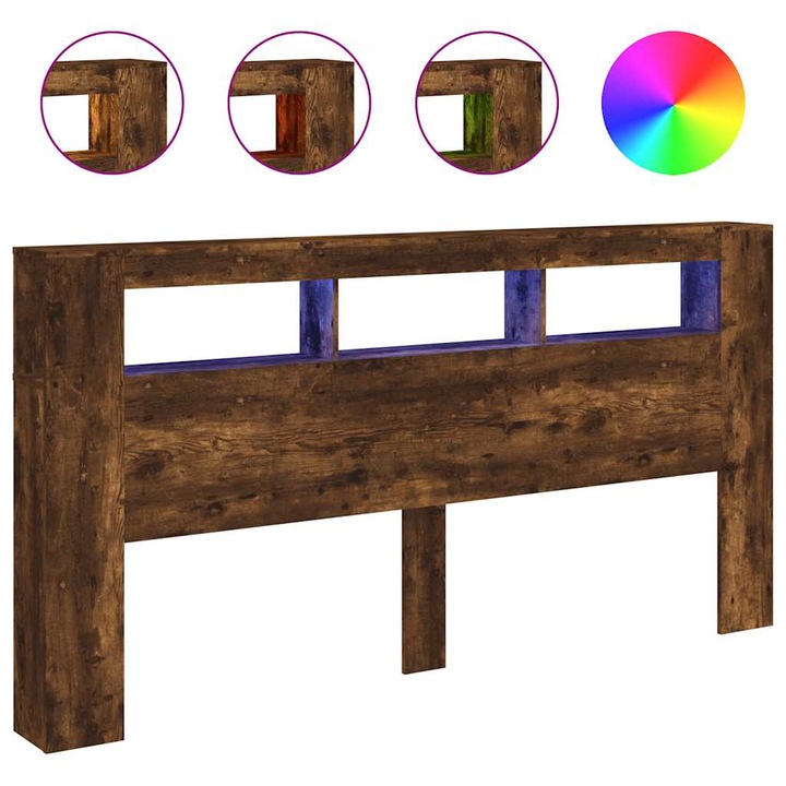 Tablie de pat cu LED vidaXL, stejar fumuriu, 220x18,5x103,5 cm, lemn 26 kg 837369