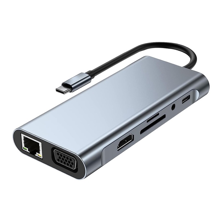 Хъб адаптер Multiport 11 в 1, 4 (5Gbps) x USB3.0 / 2.0, HDMI 4K 30HZ, VGA 1080p, TF и SD четец на карти, RJ45 Ethernet порт, 3,5 mm AUX, за лаптоп, MacBook Air/Pro, Chromebook, таблет , Vaxiuja, Грей