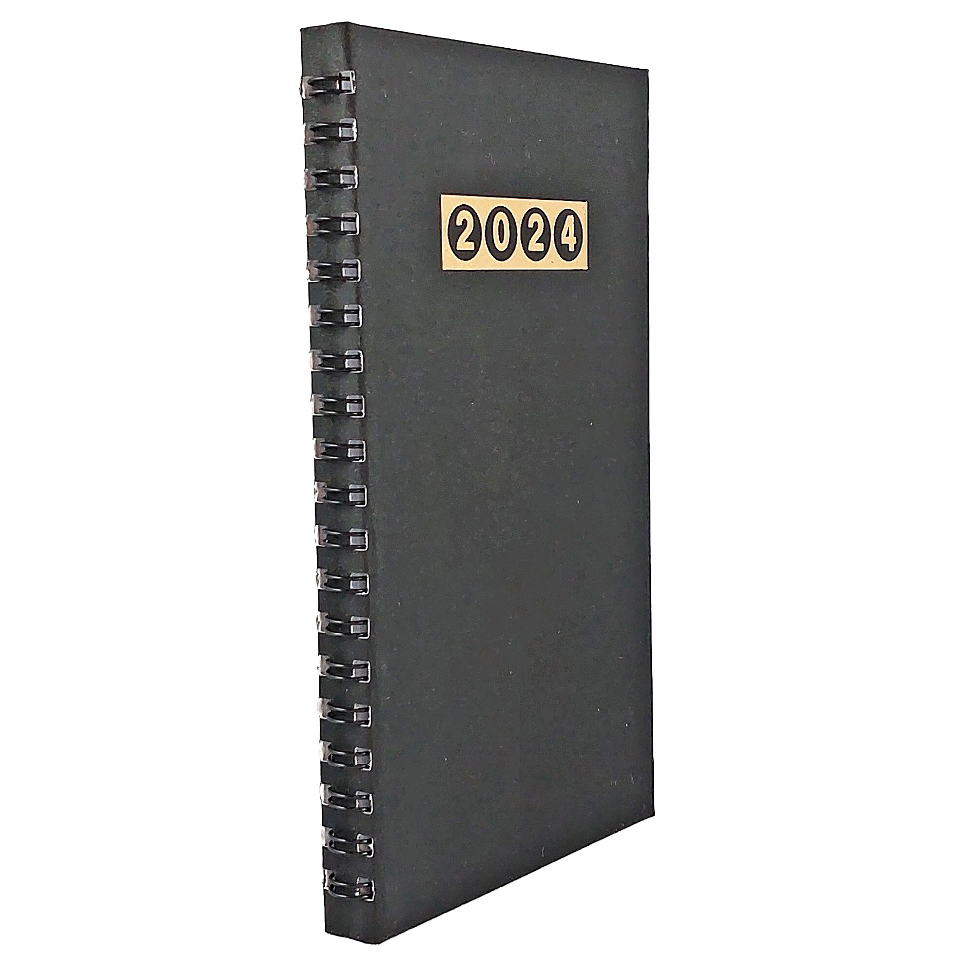 Agenda de buzunar, datata 2024, dimensiuni 9, 5 x 16, 5 cm, 120 pagini, cu  coperta cartonata de culoare negru mat, legata cu spira metalica  semiascunsa 