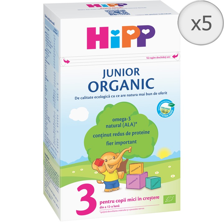 Pachet 5 X Lapte praf HiPP 3 Organic Junior de la 1 an, 500g
