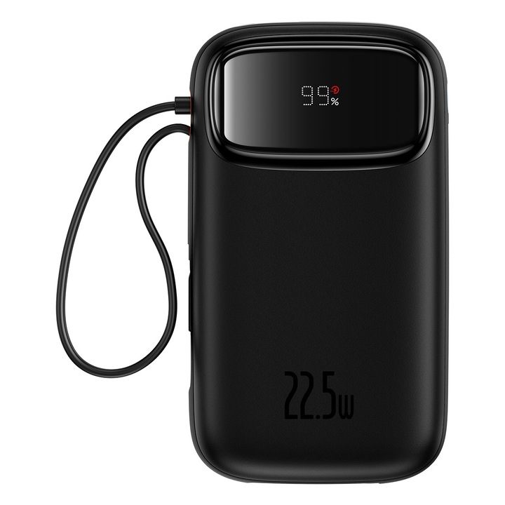 Külső akkumulátor Baseus Qpow2, 10 000 mAh, kettős USB-C és beépített Lightning kábel, gyorstöltés, 22,5 W, digitális kijelző, fekete