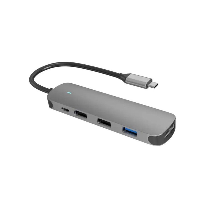 Zimmo 6 в 1 USB адаптерен хъб, UBS Type-C вход, HDMI вход 4k/30Hz UltraHD резолюция, 2 USB 3.0 порта, 2 четеца на карти и USB Type-C порт, Защита от прегряване, PD Charging 60W функция, Алуминиева защита, Сребрист /Черно