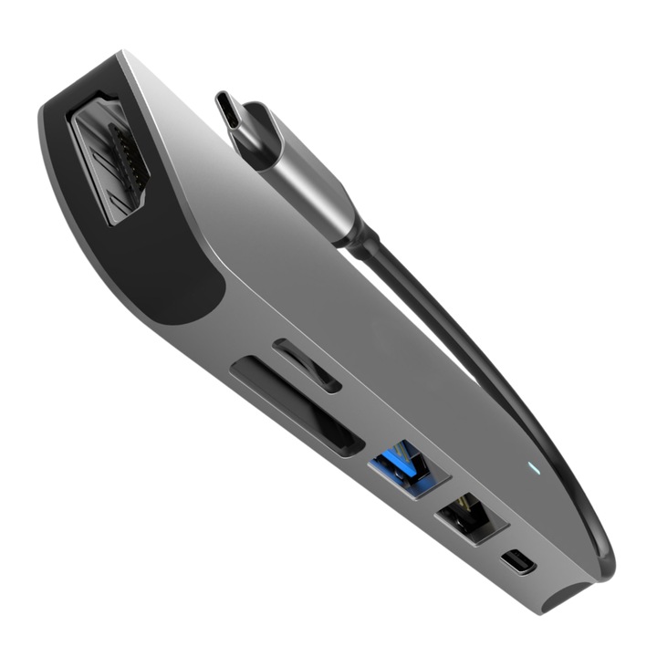 Hub Adaptor USB Type-C 6 in 1 Zimmo®, 1x USB-C, 1x USB 3.0 500 mb/s, 1x USB 2.0, 1x HDMI 4K/ UltraHD 30Hz, 1x Card de memorie, 1x MicroSD, Carcasa din Aluminiu cu protectie supraincalzire, Functie incarcare PD Fast Charging 60W, Conector USB-C, Argintiu