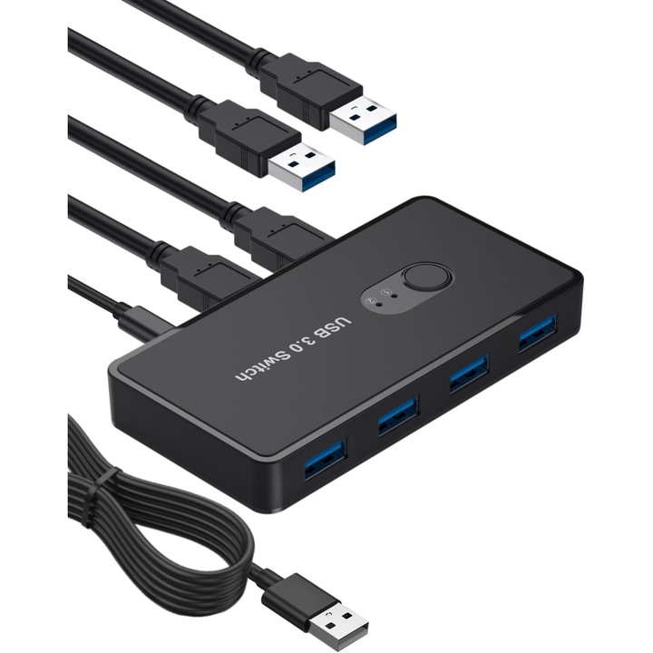 USB хъб 2x4, MOSMAOO®, USB 3.0, превключвател за споделяне, кабел 1,5 м, черен