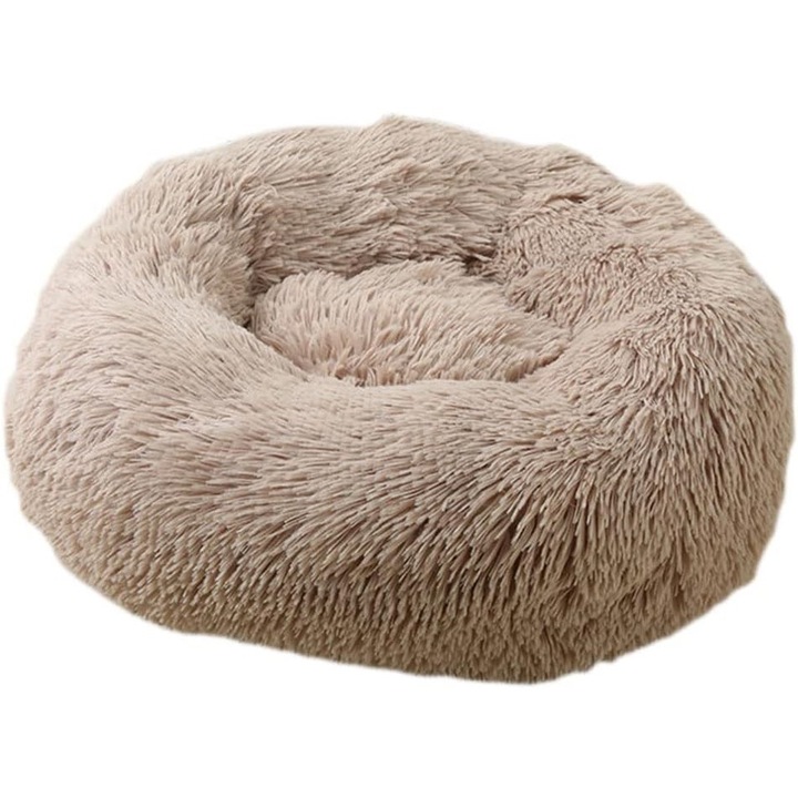 Culcus moale, captusit pentru caini si pisici, pufos, cu husa detasabila, Confortabil, Calduros, Baza Anti-alunecare, diametru 50 cm, Maro deschis