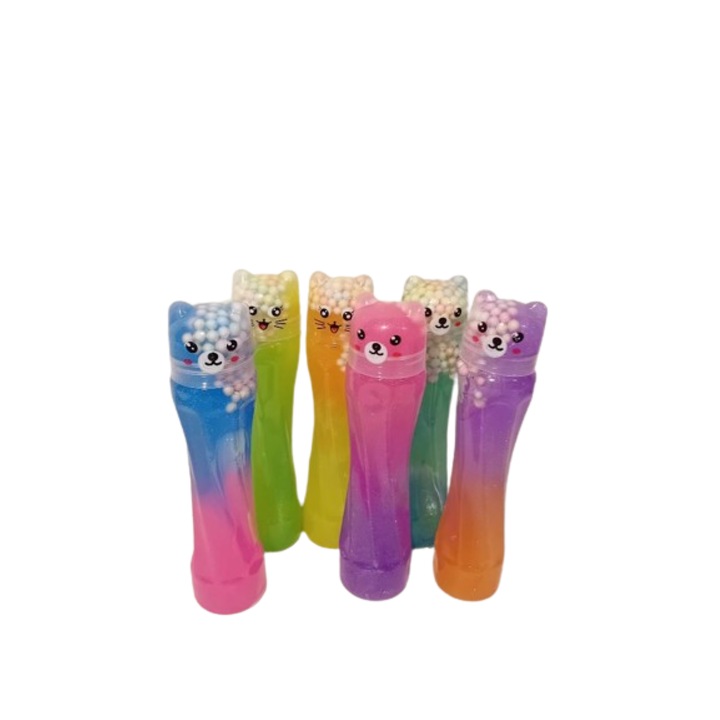 Set 6 jucarii interactive slime gelatina parfumata, in doua culori, cu sclipici si bilute, incorporata in figurina pisica zambitoare, multicolor, 165g