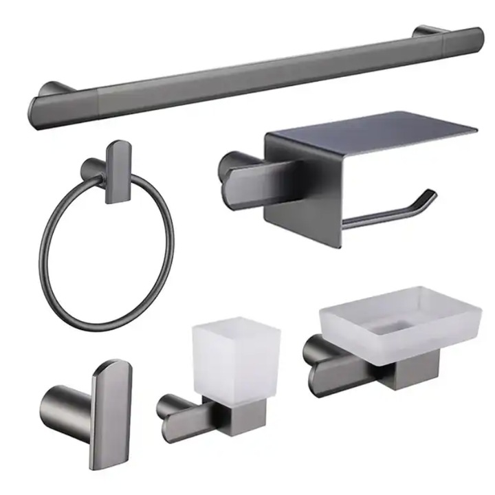 Set de 6 accesorii, pentru baie, din alama, cu montare pe perete