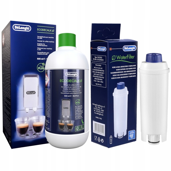 Set detartrant/filtru de apa pentru aparat de cafea, DeLonghi, 500 ml, 50 l, Multicolor
