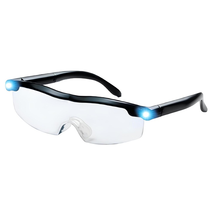 Ochelari de marire tip lupa, sundiguer, 2 LED-uri pentru iluminat, pentru citit/bricolaj/cusut, factor marire 160%, culoare negru