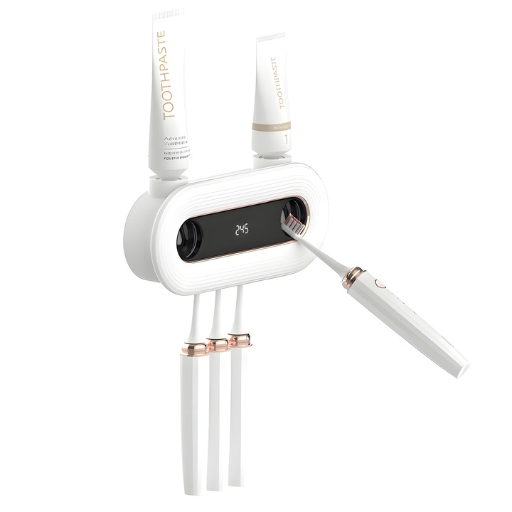 Поставка с UVC Smart, стерилизация за четки за зъби, SELERIS®, поддържа 2 пасти и 4 четки за зъби, нормални или електрически четки за зъби, акумулаторна през USB, проста инсталация, идеална за 4-членно семейство, дисплей за време на стерилизация, бял