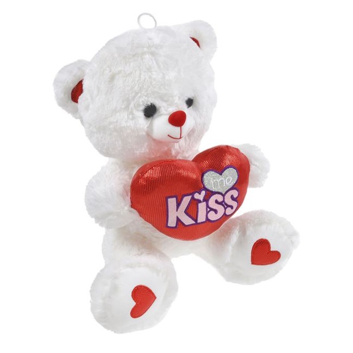 Пухкаво плюшено мече VENITIVO модел Kiss с бродирано сърце и послание, Шнур за закачане, Цвят бял/червен, Дължина x Ширина x Височина 27 x 24 x 30 см