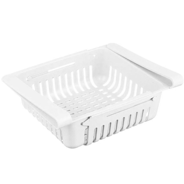 Organizator pentru frigider, Zola®, plastic, compact, latime reglabila, 20/28x16x6.5 cm, alb