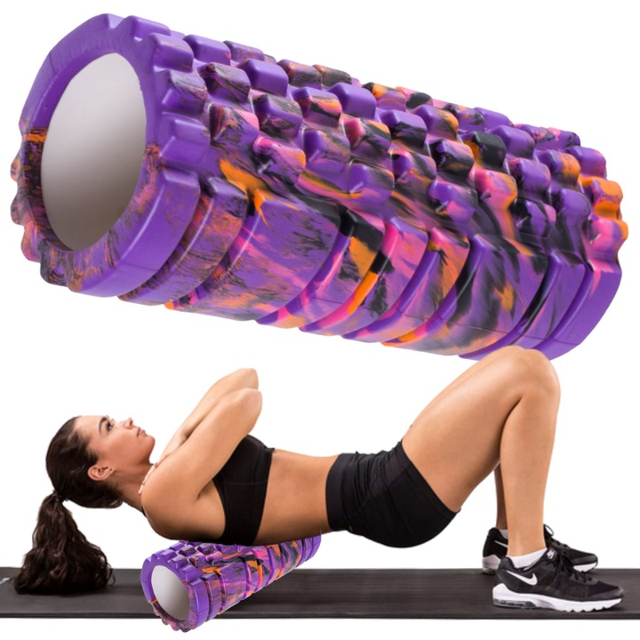 Rulou De Exercitii, Fit4Med, Model FIT573, Pentru Crossfit, Material Dur Din Spuma EVA, Dimensiuni 33cm x 14cm, Ideal Pentru Masaj Profund Si Relaxare Musculara, Design Modern, Culoare Mov Cu Pete Colorate