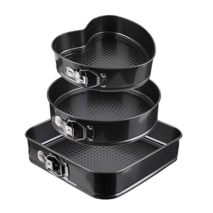 Комплект 3 форми за торта, сърце, квадратна, кръгла, подвижна основа, незалепващо покритие, 24 см/26 см/28 см, черна, ATT