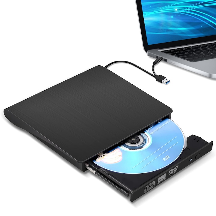 Външно CD/DVD устройство за лаптоп, WALALLA, USB 3.0 Type C, Съвместимо с Mac MacBook Pro/Air iMac Desktop Windows 7/8/10/XP/Vista, Черен