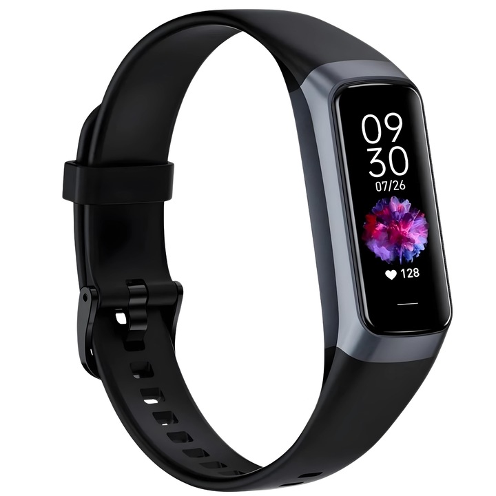 Bratara Fitness 2 in 1 TechGS®, Ecran AMOLED 1.1 inch, Manual in Limba Romana, Preluare Apeluri/Mesaje, Monitorizare Tensiune Arteriala, Ritm Cardiac, Oxigen, Temperatura Corporala, Somn, Pedometru, Cont Familial, Multiple Moduri Sportive, IP68, Negru