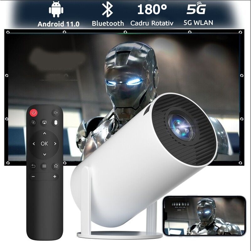 Mini videoproiector portabil Smart 4k, 200 ANSI, Wi-Fi 6, Bluetooth 5.0,  ecran de 130 inch, cu sistem de operare Android TV 11.0, rotire la 180°,  rezolutie pana la 3840x2160, Auto Keystone, contrast