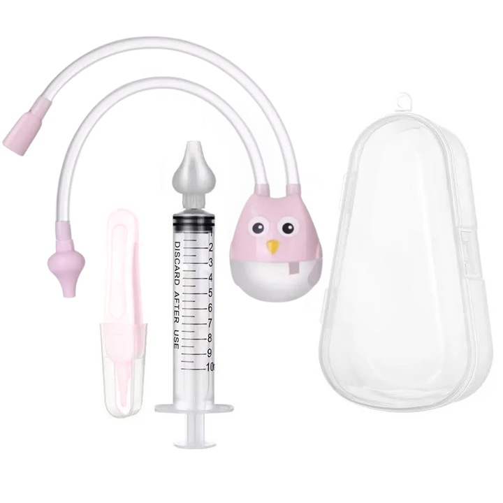 Aspirator nazal bebelusi si copii, 1 x Seringa pentru lavaj nazal, 1 x Penseta, Silicon, Anti reflux, Roz