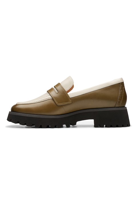 Clarks, Colorblock dizájnú bőrmokaszin, Csontszín/Olivazöld, 37