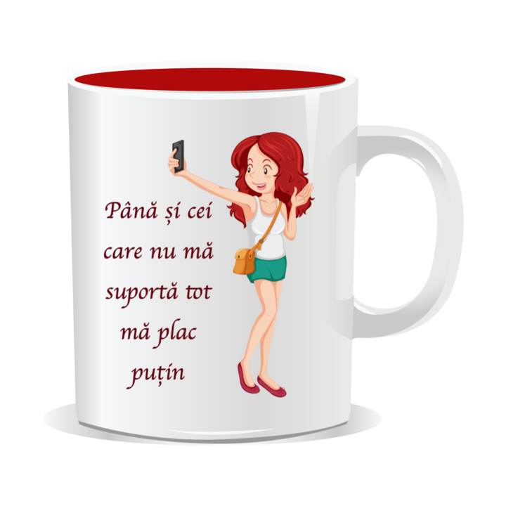 Cana personalizata cu mesaj amuzant, Pana si cei care nu ma suporta tot ma plac putin, 330ml, interior rosu