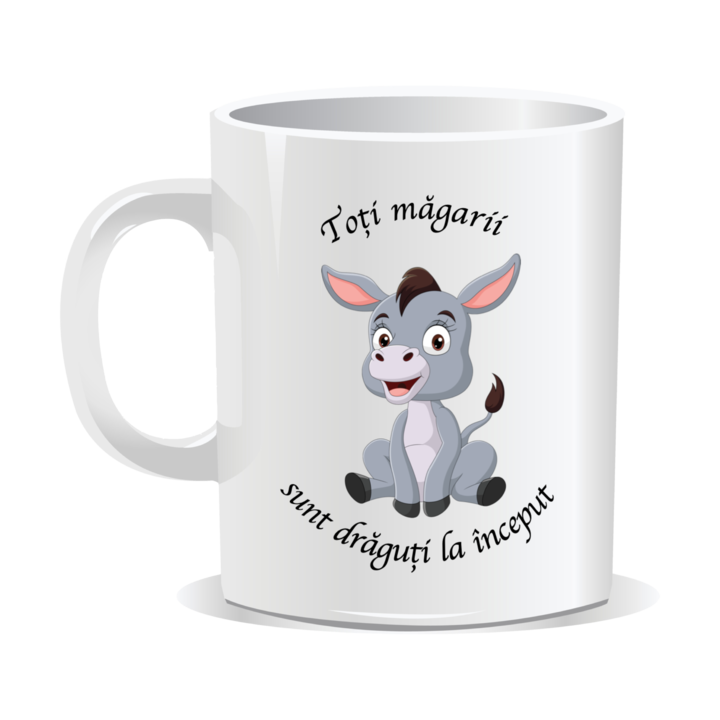 Cana personalizata cu mesaj amuzant, Toti magarusii sunt draguti la inceput, 330ml, interior alb