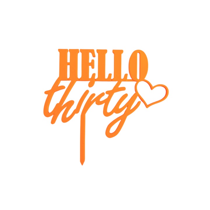 Топер за торта, "HELLO THIRTY", юбилей, рожден ден 14 x 15 см оранжев