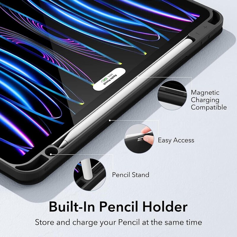 Husa de protectie flip cover pentru tableta, compatibila cu Apple iPad Pro 11" 2021/2022, Rebound Pencil, cu stand, slot pentru Pen, piele ecologica, Negru