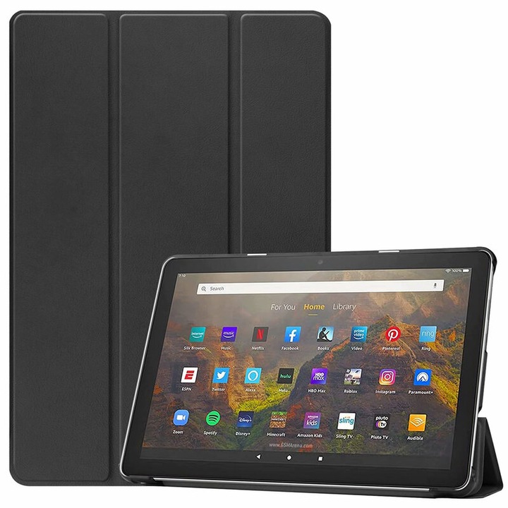 Flip védőborító táblagéphez kompatibilis Amazon Fire HD 10 2021/Fire HD 10 Plus 2021, FoldPro, állvánnyal, ökológiai bőr, fekete