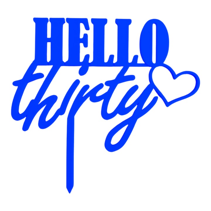 Topper tort, "HELLO THIRTY", aniversare, zi de nastere 14 x 15 cm albastru