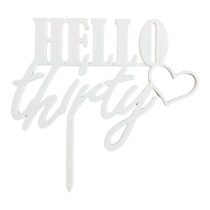 Topper tort, "HELLO THIRTY", aniversare, zi de nastere 14 x 15 cm alb ivory