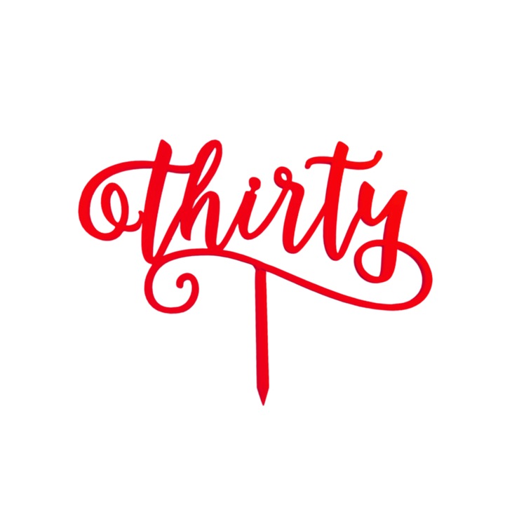 Topper tort, "THIRTY", zi de nastere, aniversare, 14 x 19 cm rosu