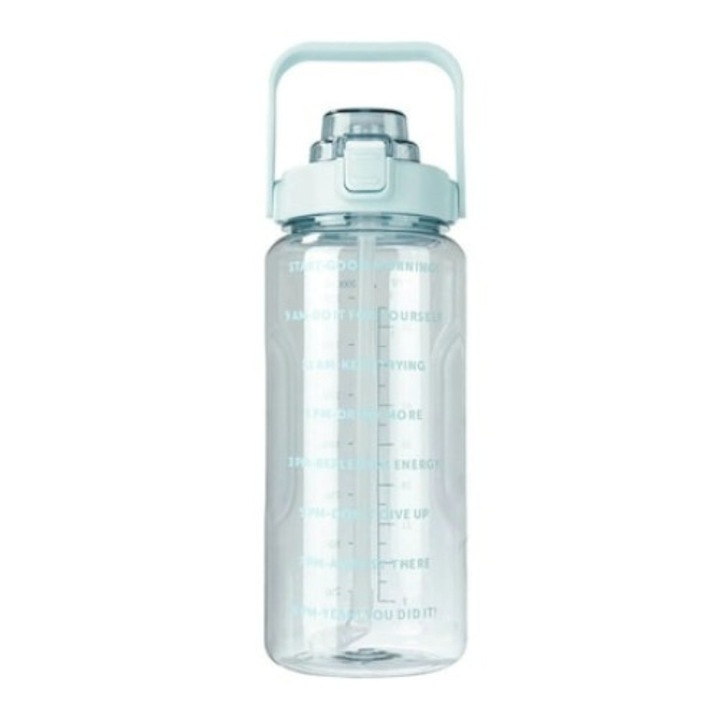 Многократна и преносима мотивационна бутилка за вода, 2 л капацитет - с вградена сламка и автоматично отваряне - син цвят